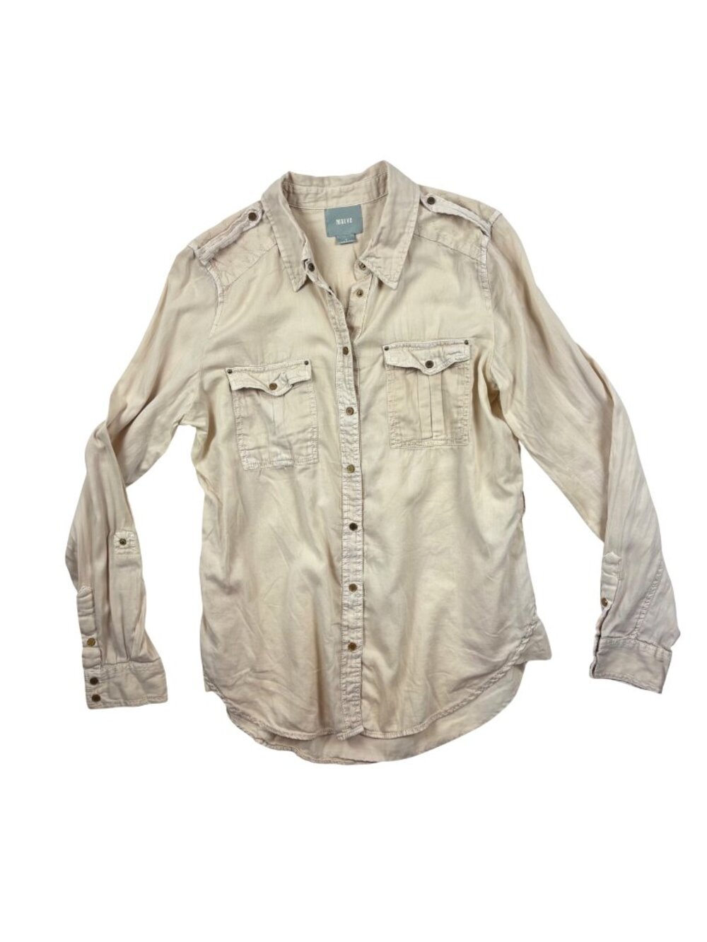 Maeve Anthropologie 8 M Beige Long 100% Cotton Shirt Top Safari Roll Tab Sleeves